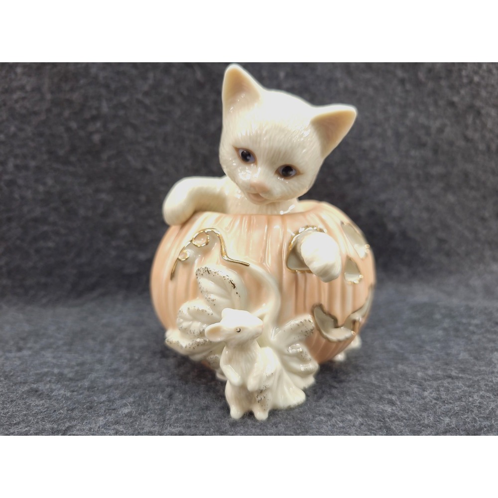 VTG Lenox Kittys Halloween Surprise Cat in Pumpkin w mouse 24 K gold trim 2000